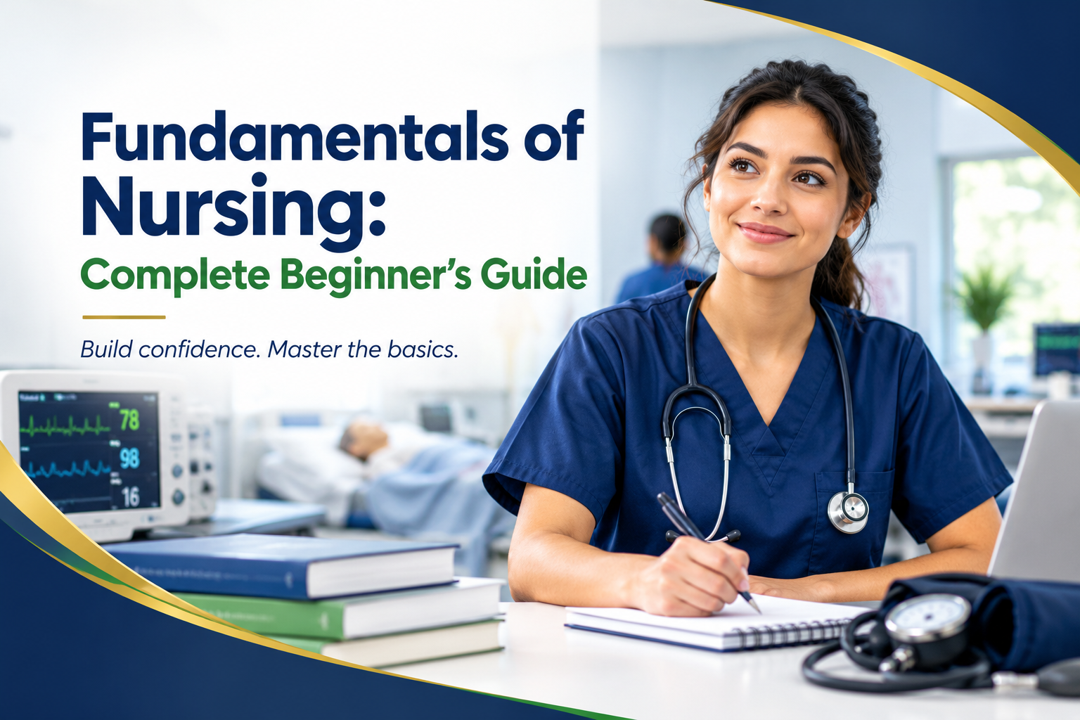 Nursing student studying fundamentals of nursing with notes and clinical equipment.