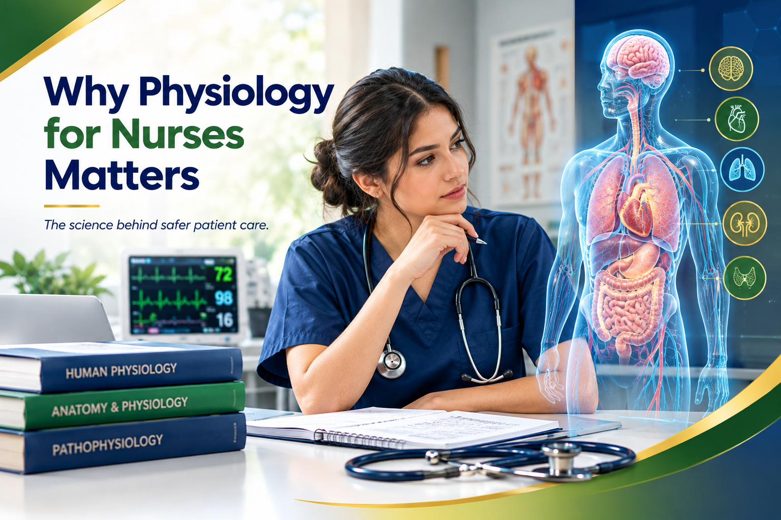 Nursing student studying human physiology with anatomy and medical notes.