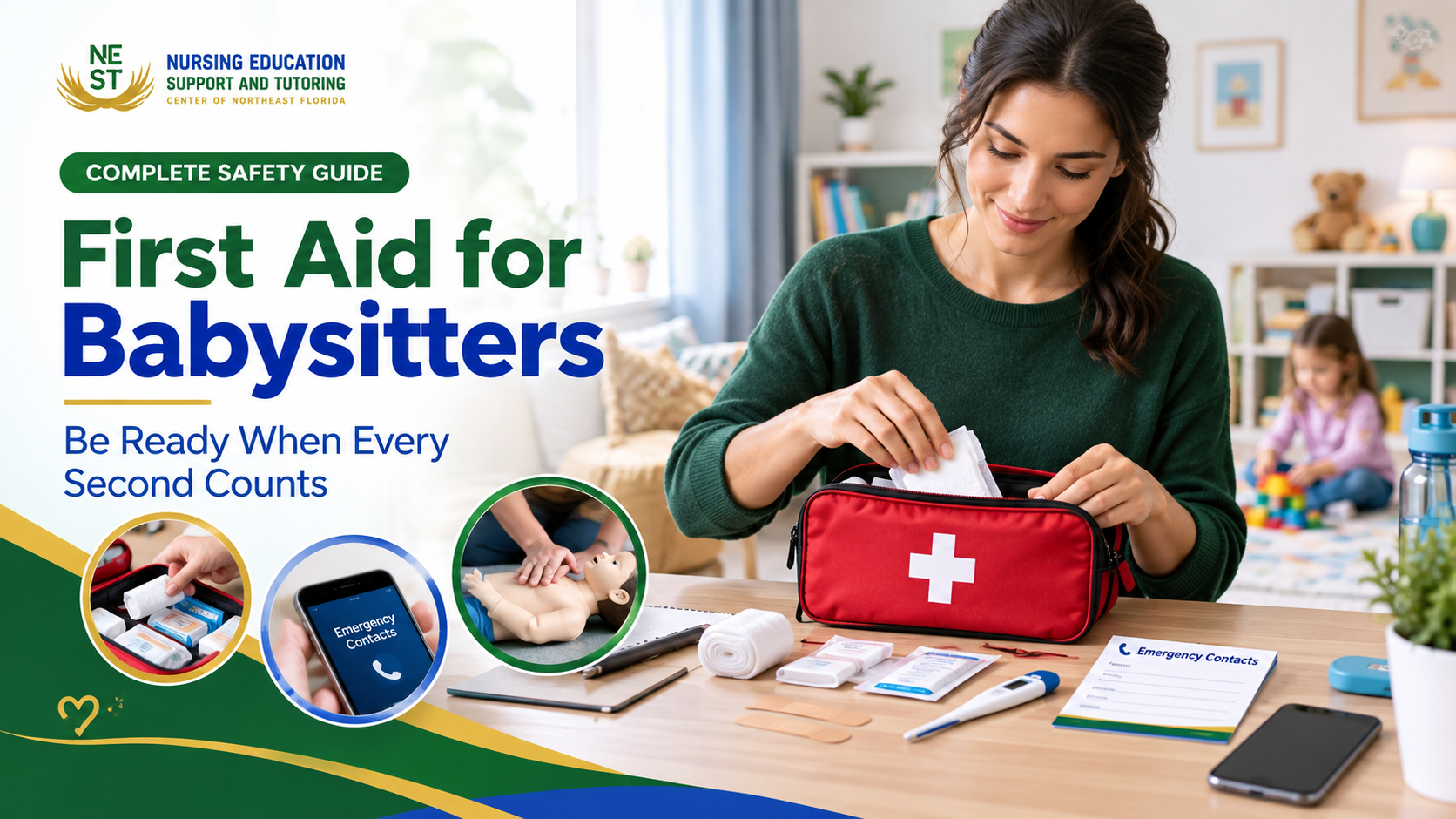 First aid for babysitters guide featuring a babysitter preparing a first aid kit with emergency supplies, contacts, and pediatric CPR training.